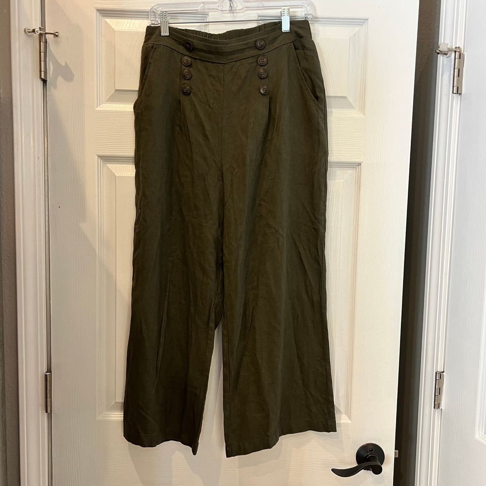 Cisono Wide Leg Pants Linen Blend Olive Green Sailor Lagenlook Boho Minimalist M
